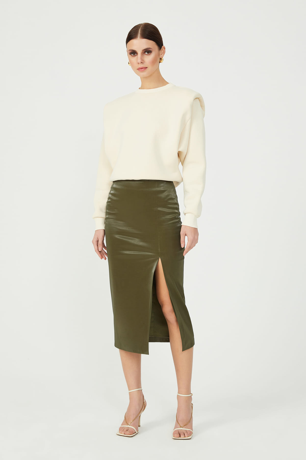 NICKIE Slit Detailed Khaki Midi Leather Skirt