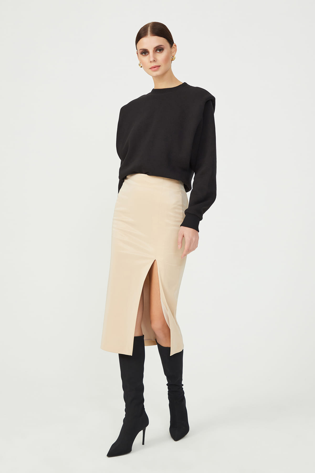 NICKIE Slit Detailed Beige Midi Leather Skirt