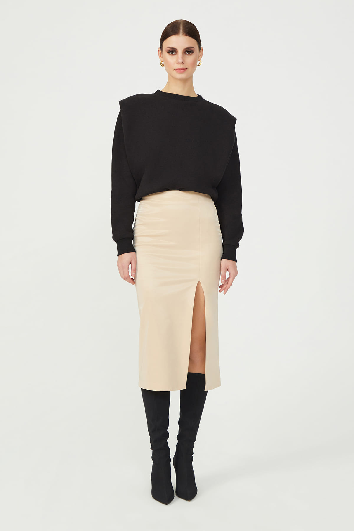 NICKIE Slit Detailed Beige Midi Leather Skirt