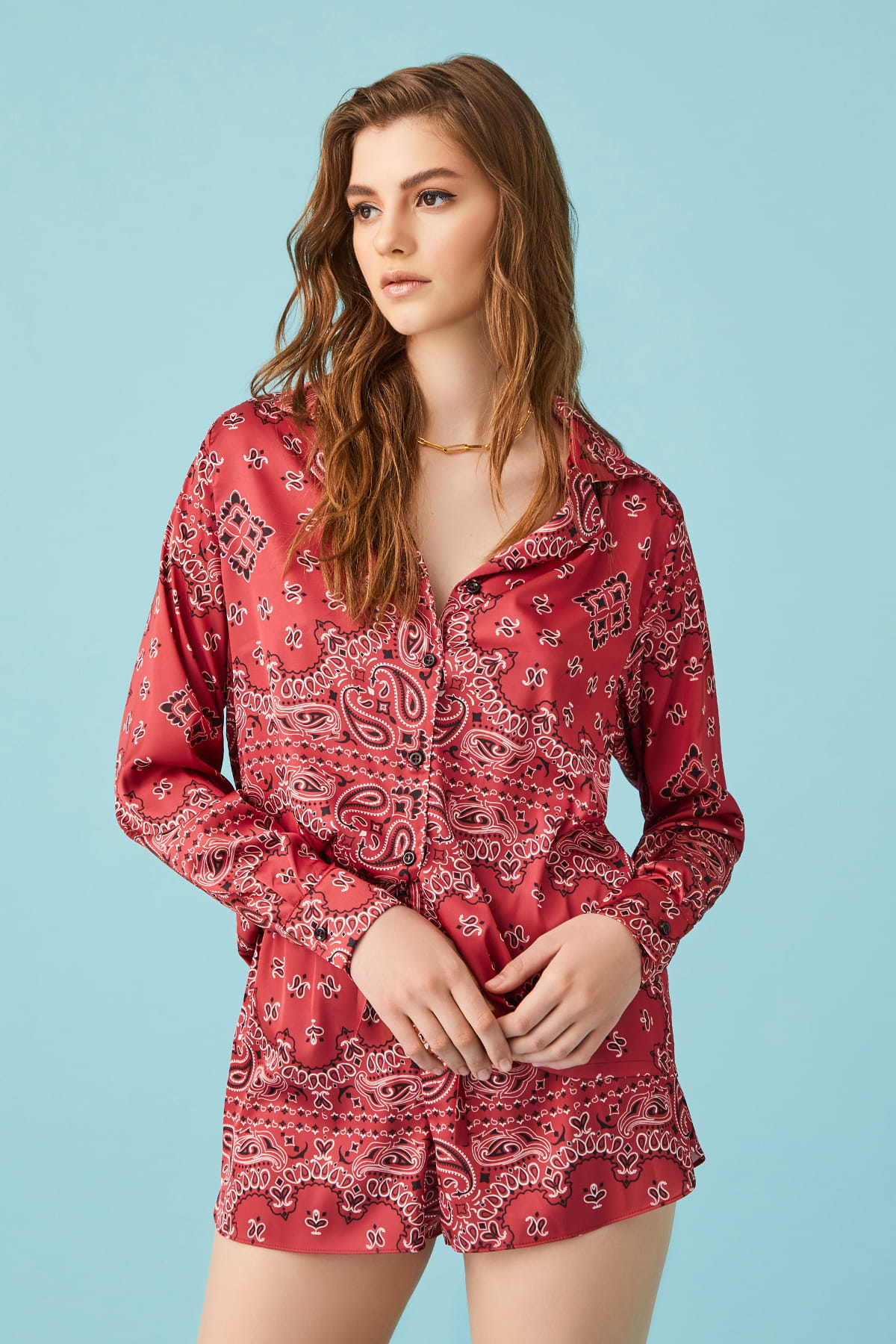 CARLY Paisley Patterned Claret Red Satin Shirt