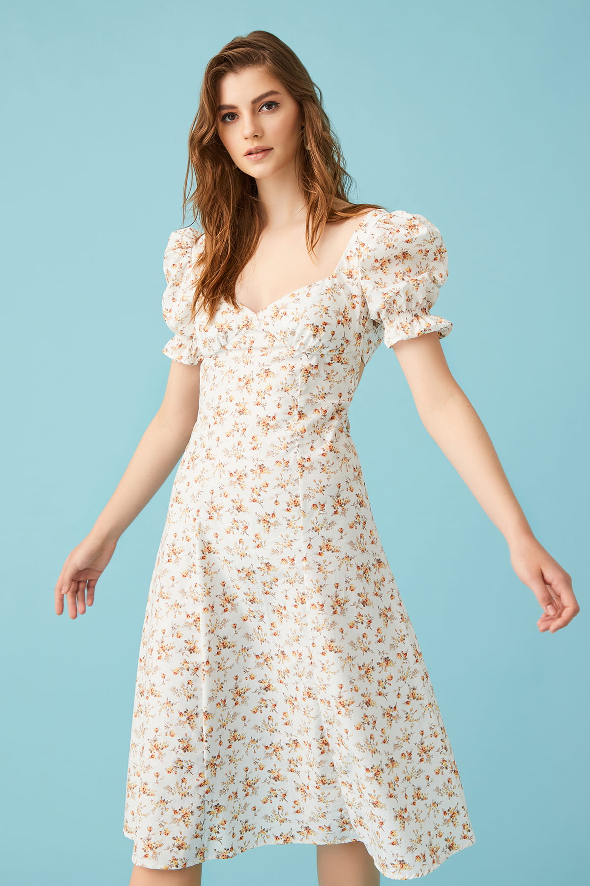 LANIA Floral Patterned White Midi Dress