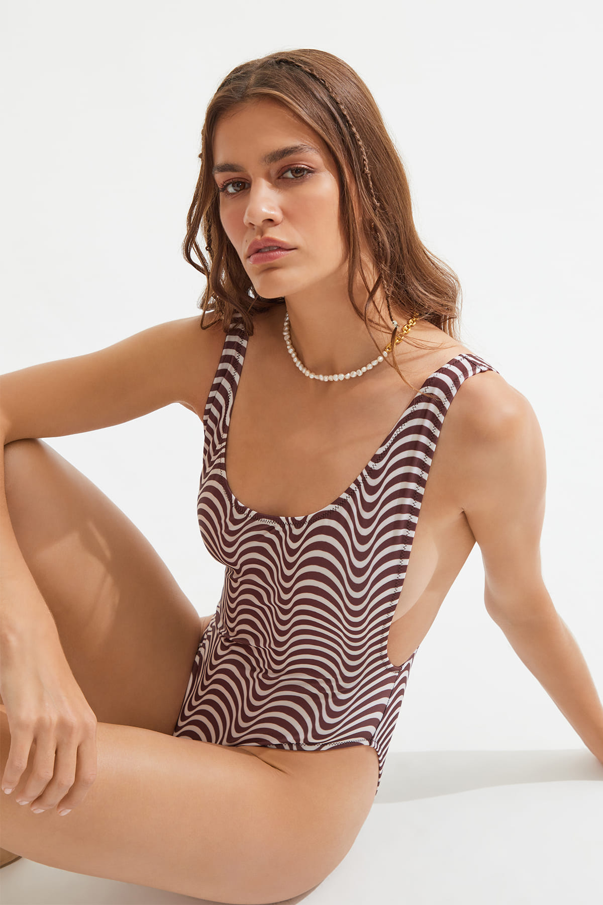 ROSSI Striped Patterned Side Detailed Swimsuit