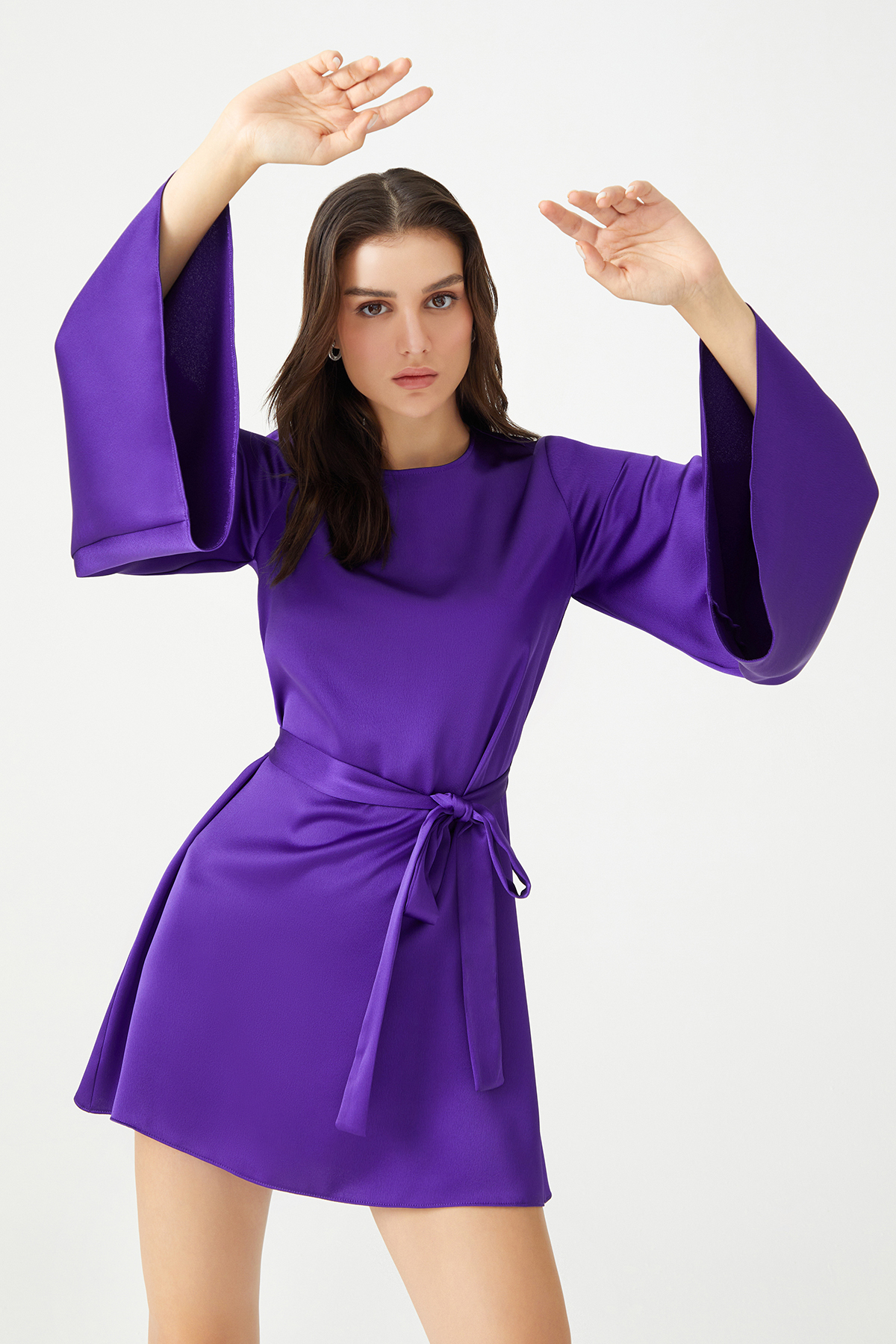 EMILY Bell Sleeve Mini Purple Satin Dress