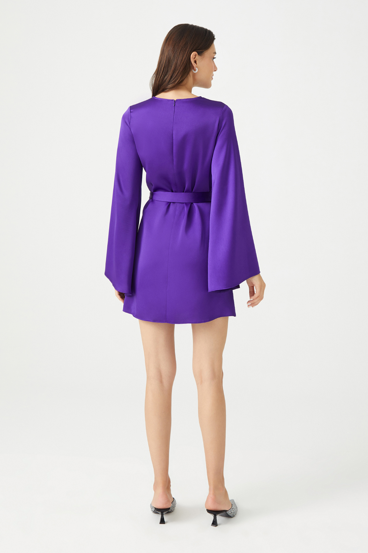 EMILY Bell Sleeve Mini Purple Satin Dress