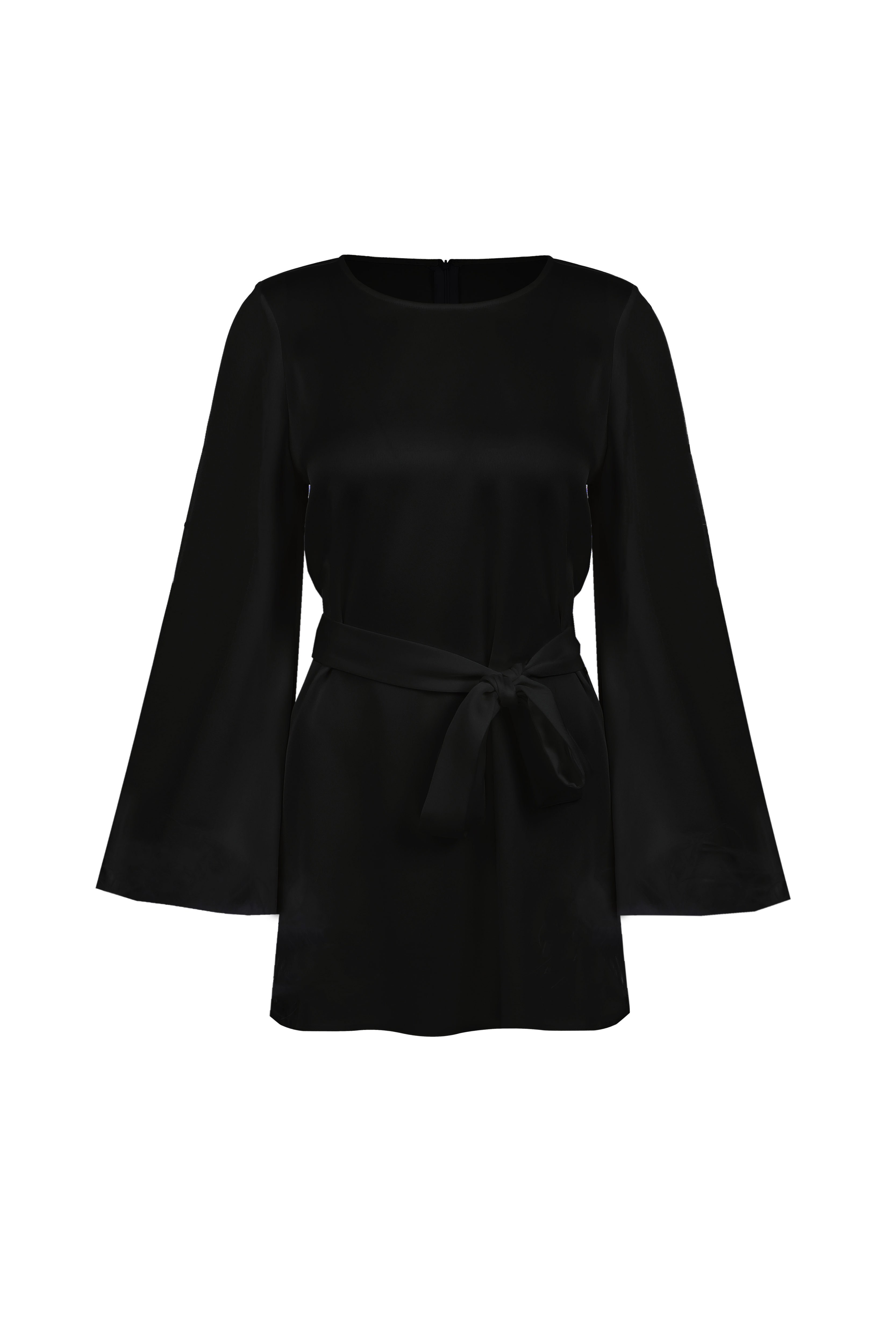 EMILY Bell Sleeve Mini Black Satin Dress