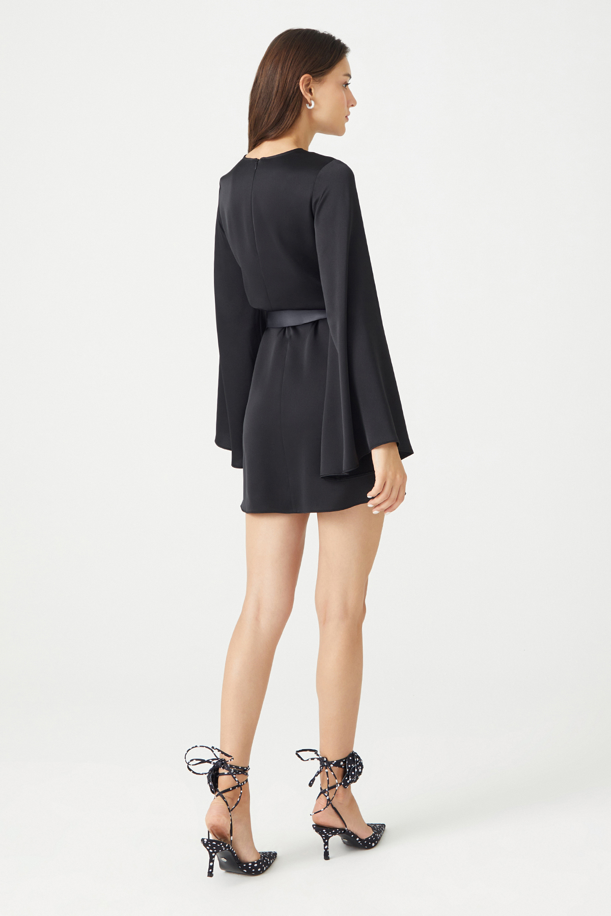 EMILY Bell Sleeve Mini Black Satin Dress